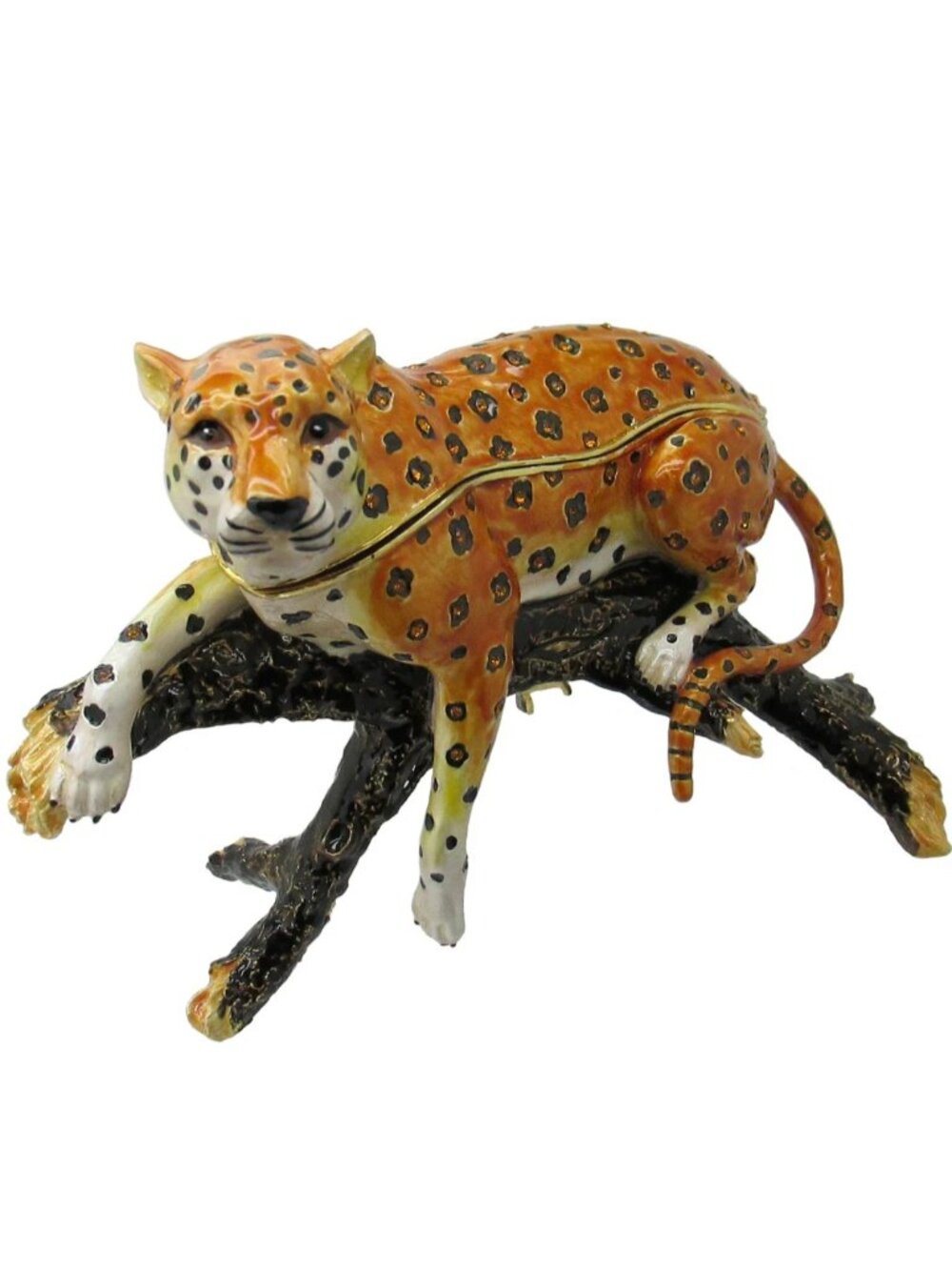 X-Large Cheetah Jeweled Trinket Box with Austrian Crystals 9" Mint